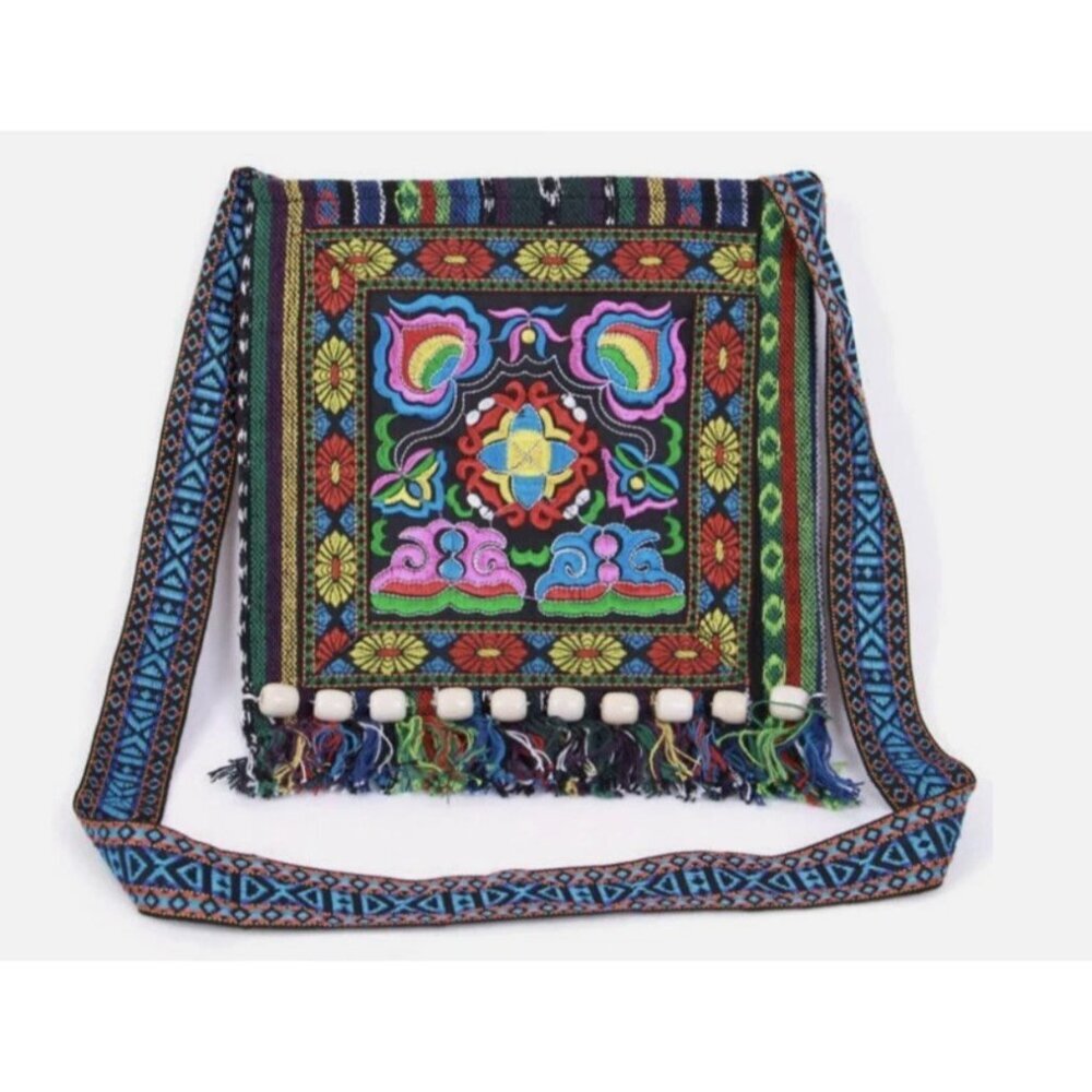Boho Ethnic Embroidered Crossbody Bag Festival Hippie Purse Fringe Strap Tribal - Picture 2 of 8